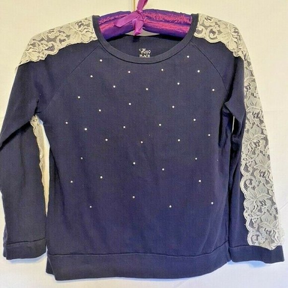Est.1989 Place ~Dark Blue w/Lace & Studs  100% Cotton Girl Top  ~Size L-10/12 - Picture 1 of 6